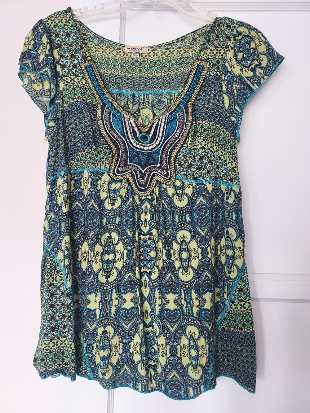ONE WORLD Teal & Lime Printed Embroidered Tunic Babydoll Top Artsy Boho Flowy